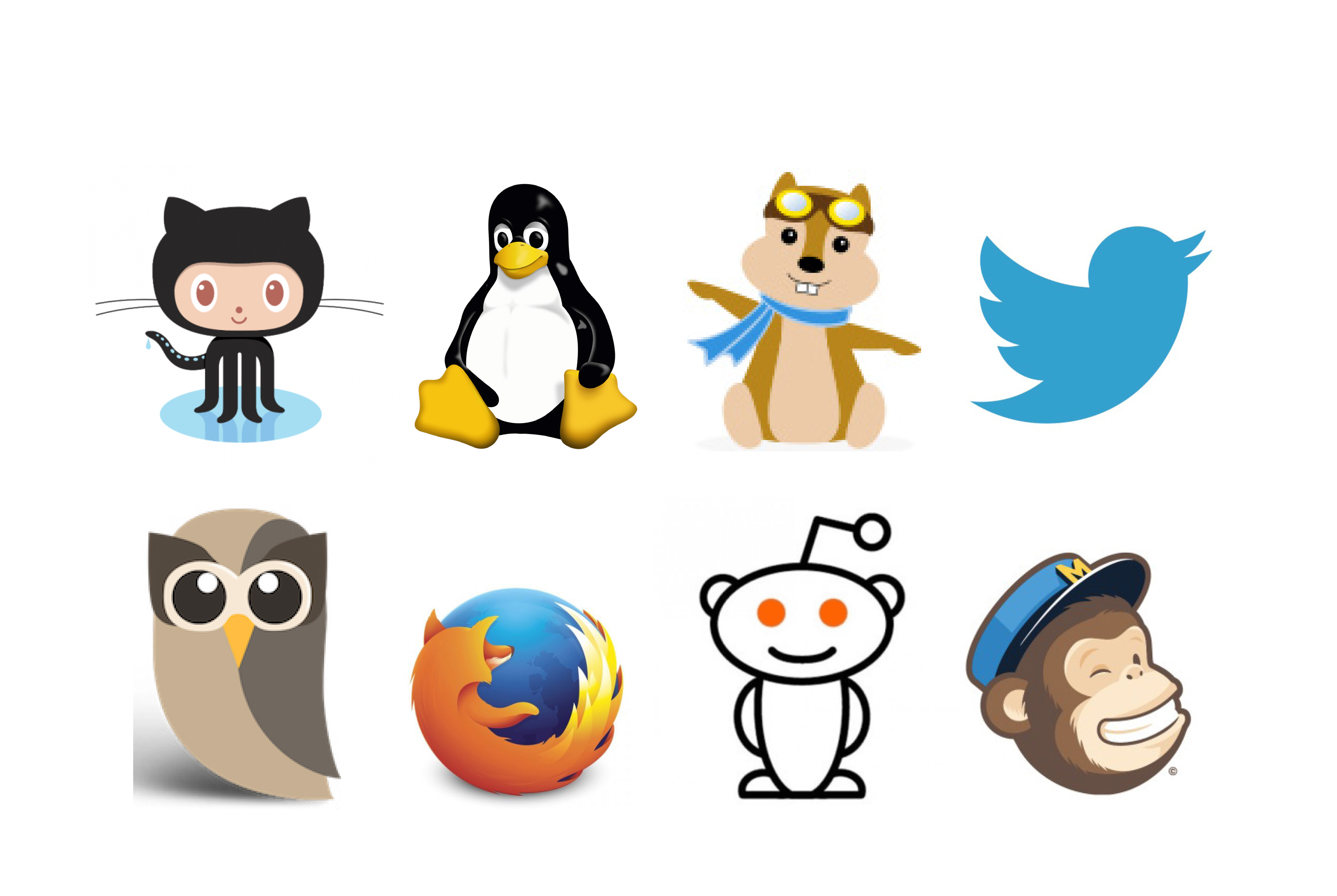 Examples of animals appearing in brand communication of "online" products and services. Image courtesy: GitHub, Linux, Hipmunk, Twitter, Hootsuite, Firefox, Reddit and MailChimp