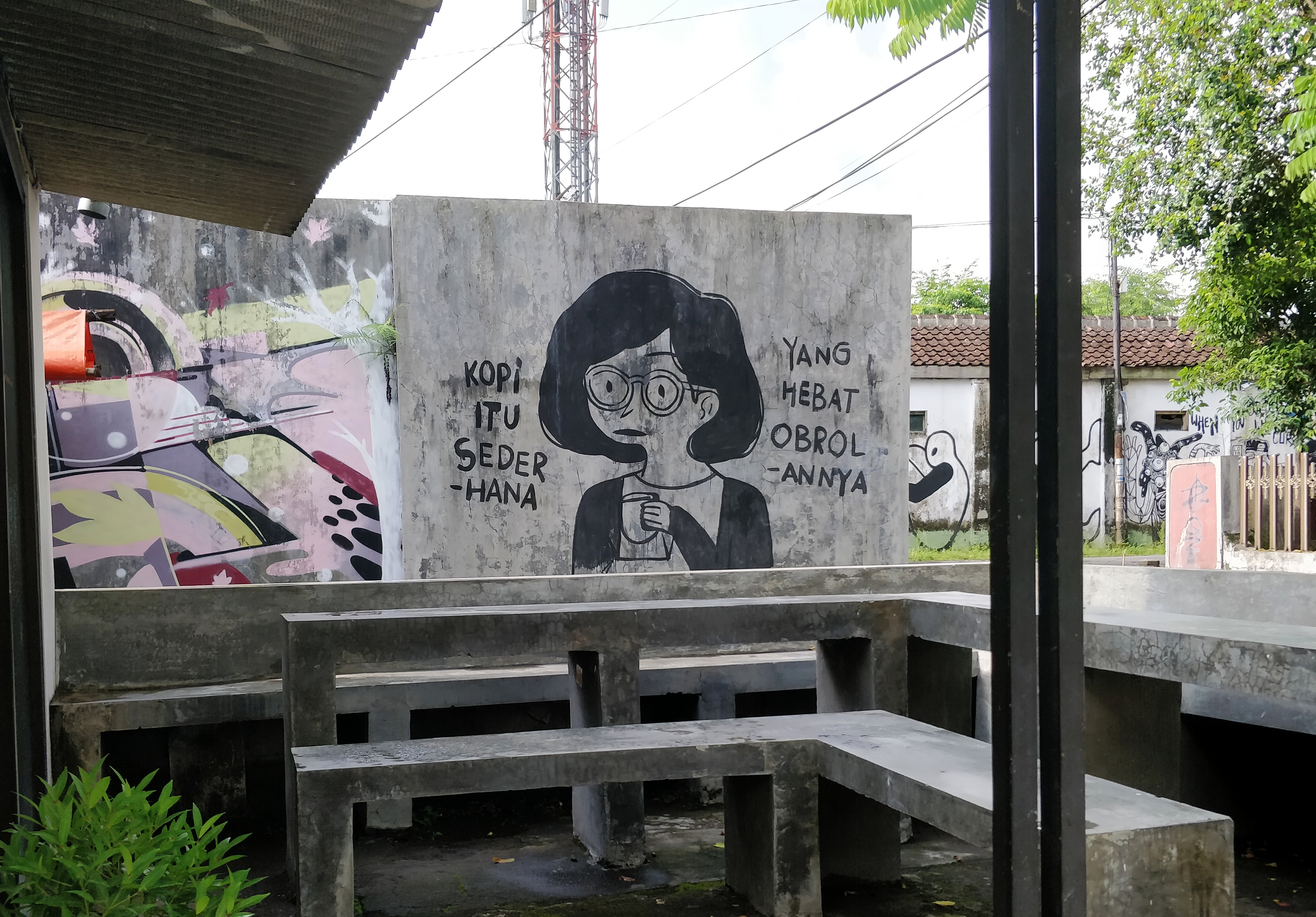Coffee and conversation street art in northern Yogyakarta. Photo by author.
