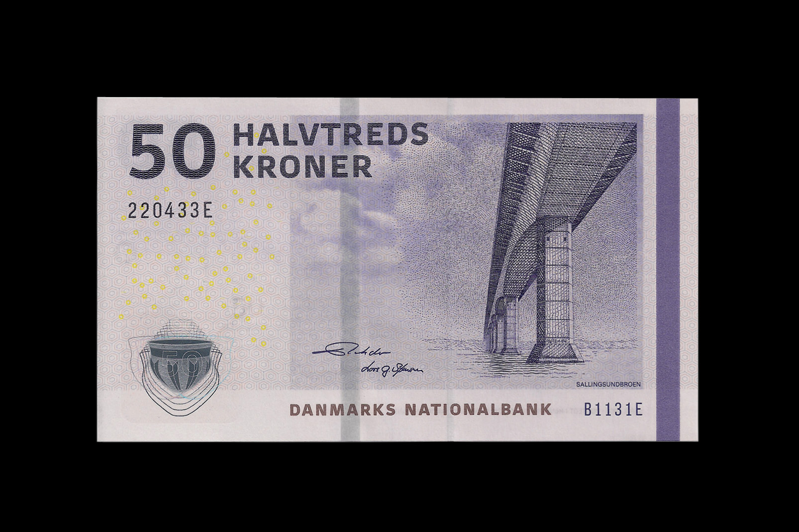 A contemporary 50 kroner note from the 2009-11 series with a bridge motif.